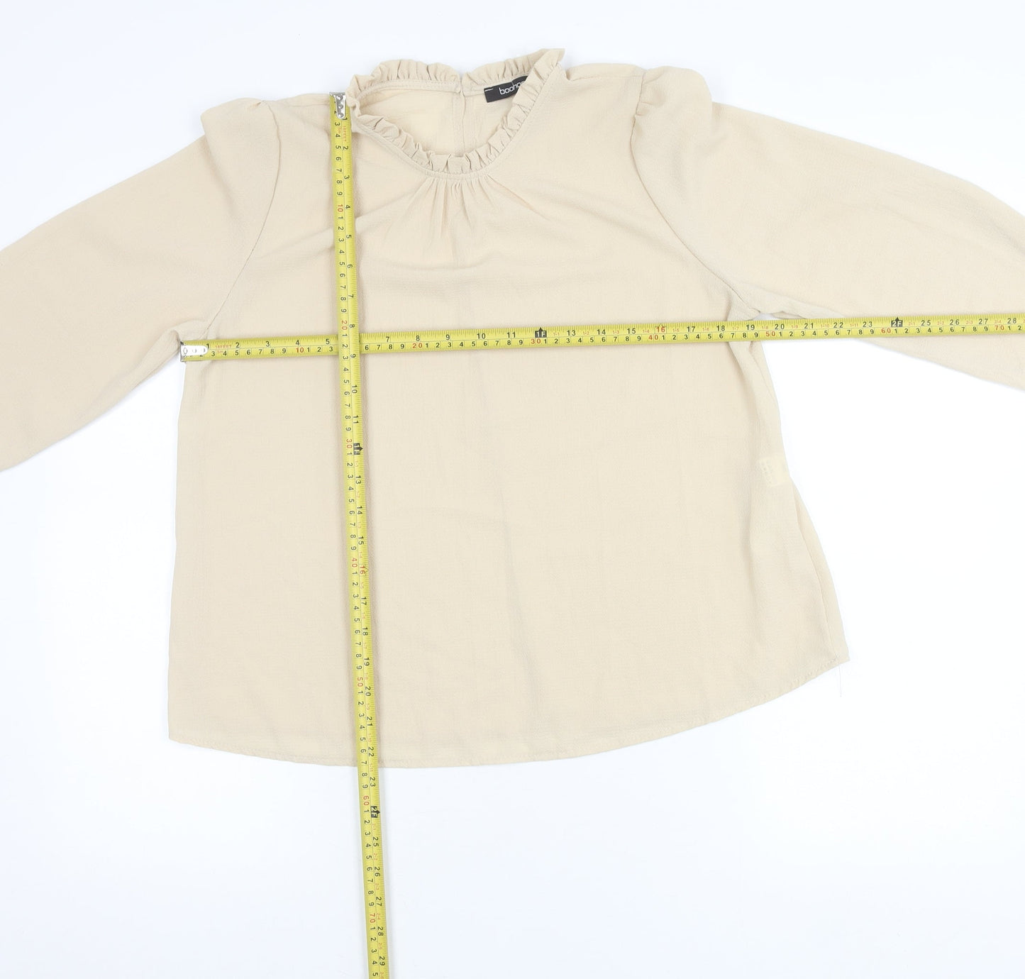 Boohoo Women’s Beige Ruffle Blouse UK 10 Long Sleeve Workwear Top