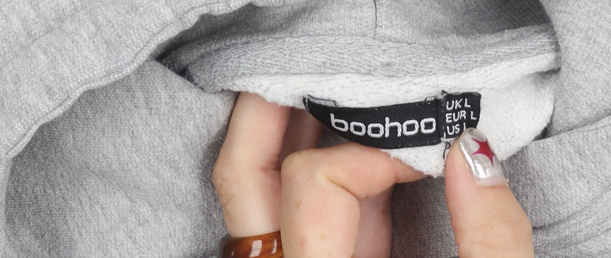 Boohoo Women’s Grey Hoodie L Pullover Drawstring Regular Fit
