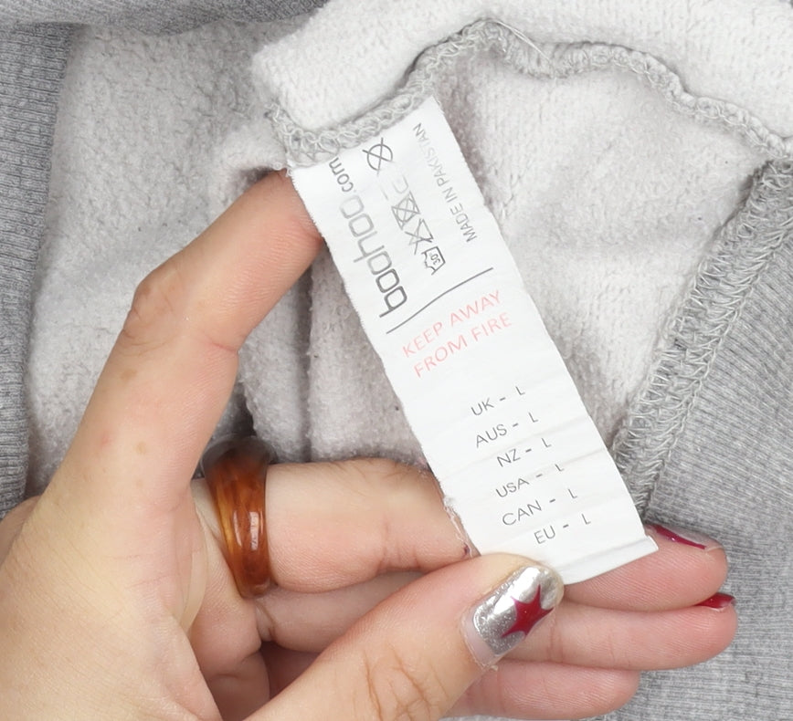 Boohoo Women’s Grey Hoodie L Pullover Drawstring Regular Fit