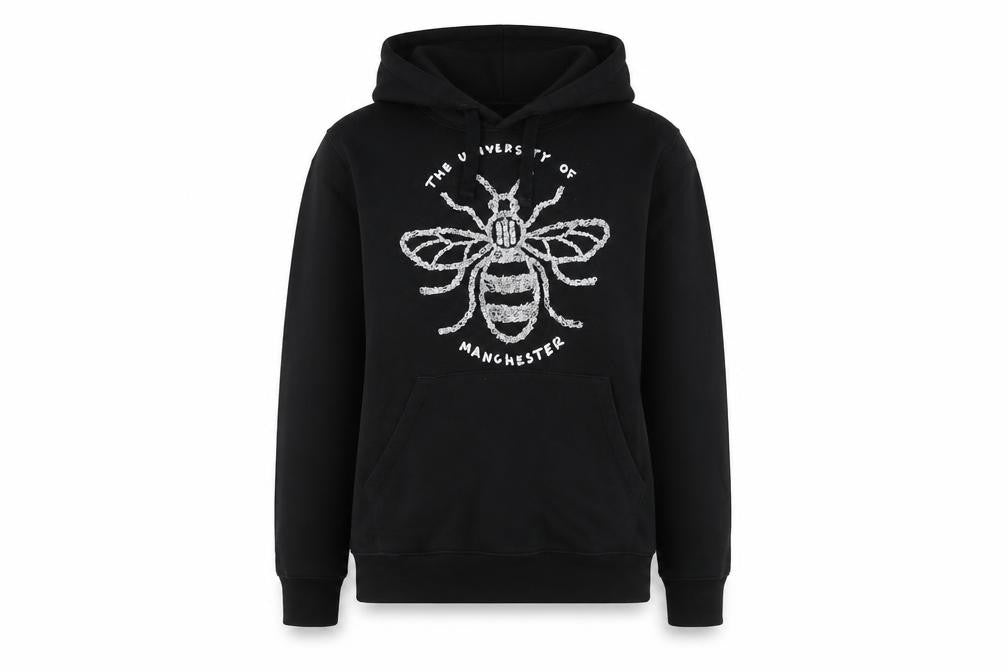 Front view of Russell unisex black pullover hoodie s university bee logo