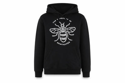 Front view of Russell unisex black pullover hoodie s university bee logo