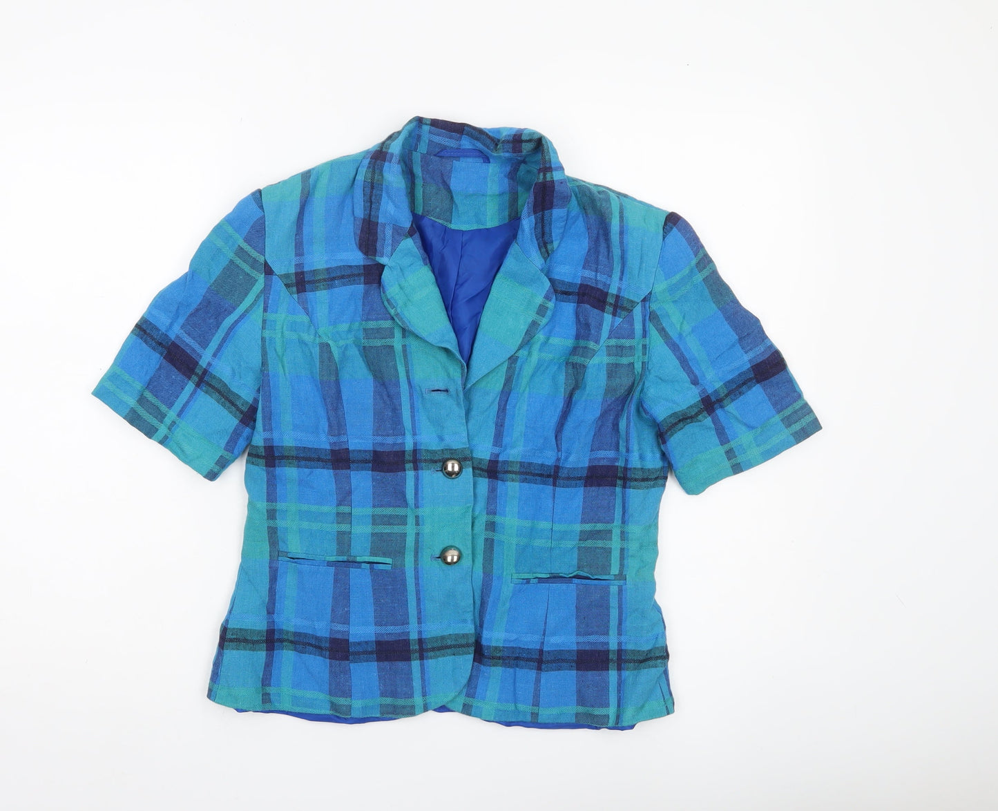 New Fast Womens Blue Check Linen Blend Suit Jacket Size 10 Short Sleeve