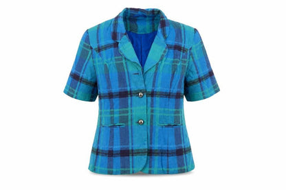 New Fast Womens Blue Check Linen Blend Suit Jacket Size 10 Short Sleeve