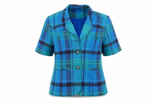 New Fast Womens Blue Check Linen Blend Suit Jacket Size 10 Short Sleeve