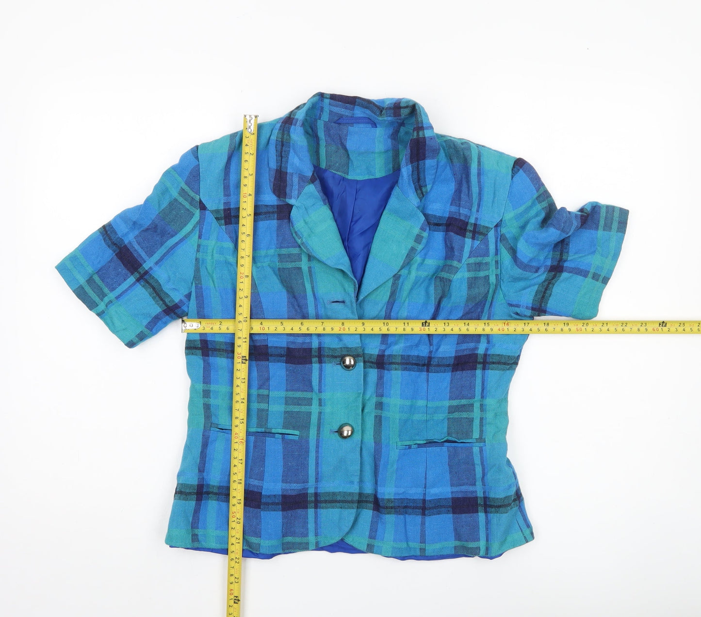 New Fast Womens Blue Check Linen Blend Suit Jacket Size 10 Short Sleeve