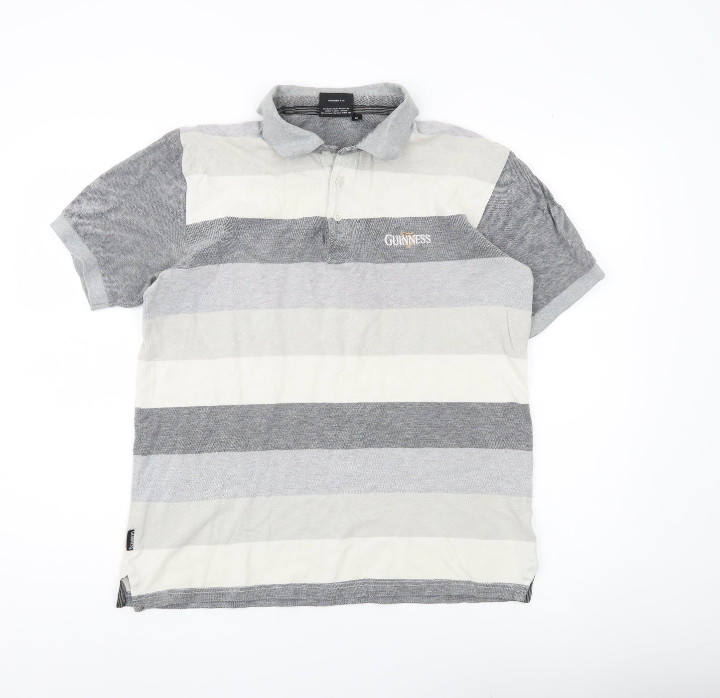 Guinness Men Grey Striped Cotton Polo Shirt Size M Logo Casual