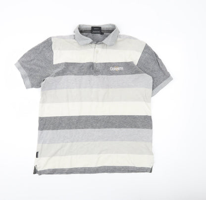 Guinness Men Grey Striped Cotton Polo Shirt Size M Logo Casual