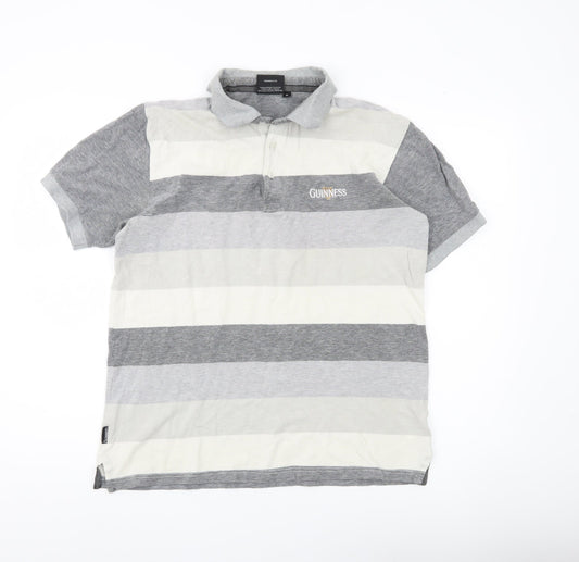 Guinness Men Grey Striped Cotton Polo Shirt Size M Logo Casual