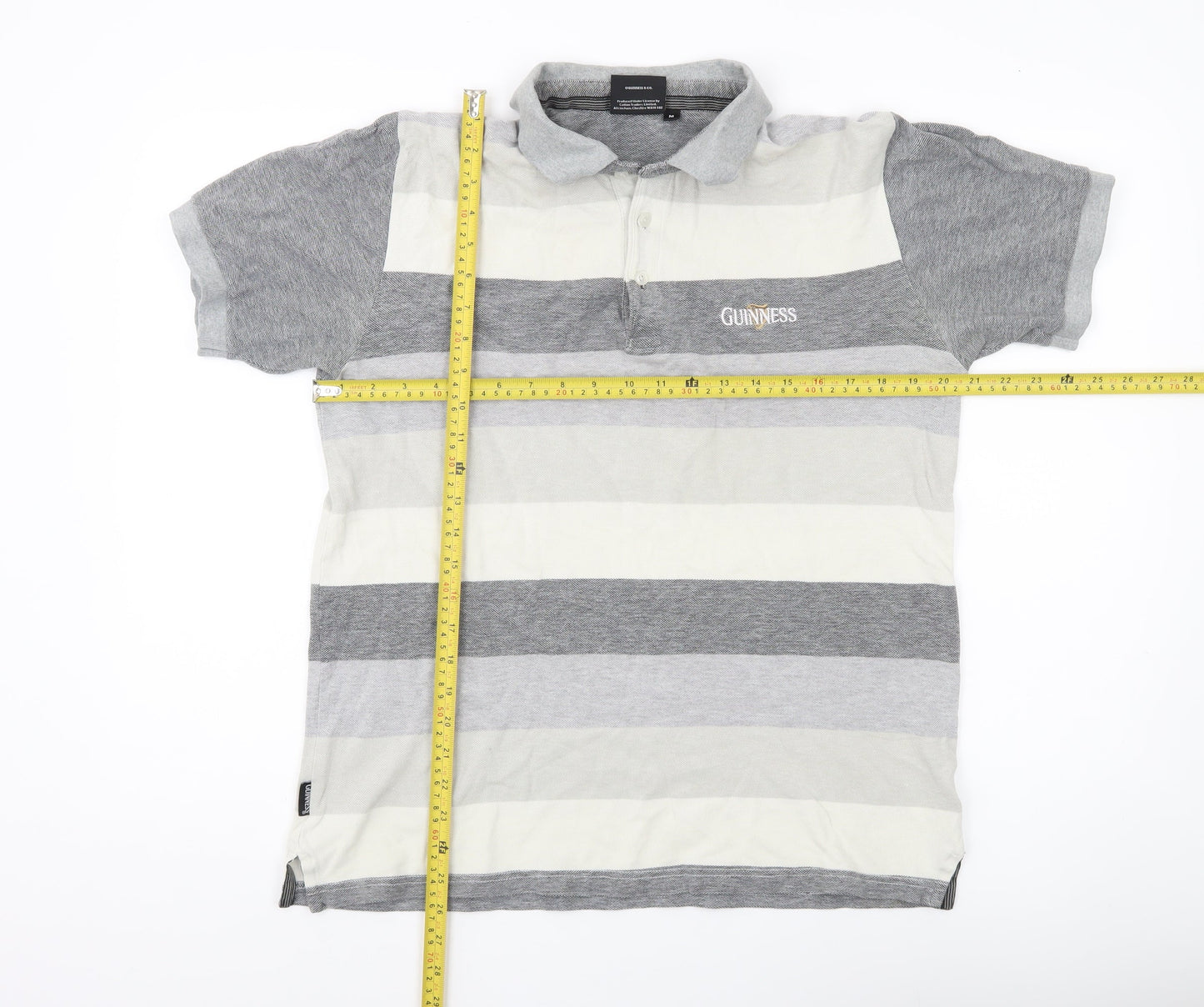 Guinness Men Grey Striped Cotton Polo Shirt Size M Logo Casual