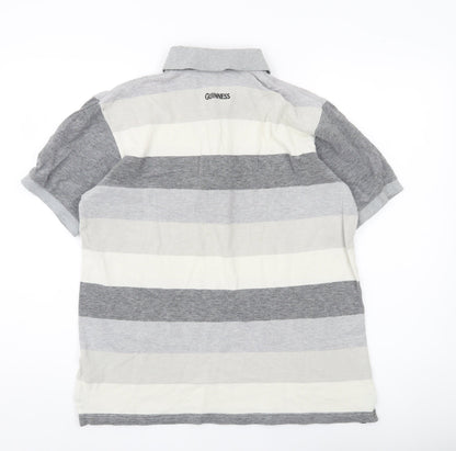 Guinness Men Grey Striped Cotton Polo Shirt Size M Logo Casual