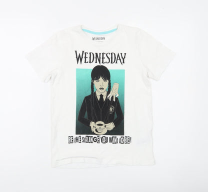 Wednesday Girls White Graphic T-Shirt 11-12 Years Gothic Casual Tee