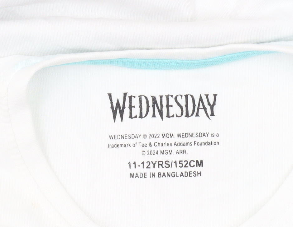 Wednesday Girls White Graphic T-Shirt 11-12 Years Gothic Casual Tee