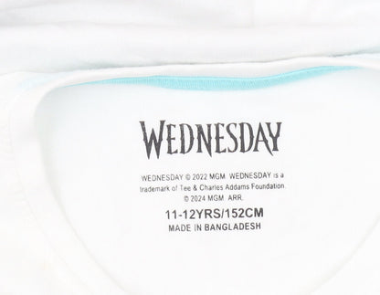 Wednesday Girls White Graphic T-Shirt 11-12 Years Gothic Casual Tee