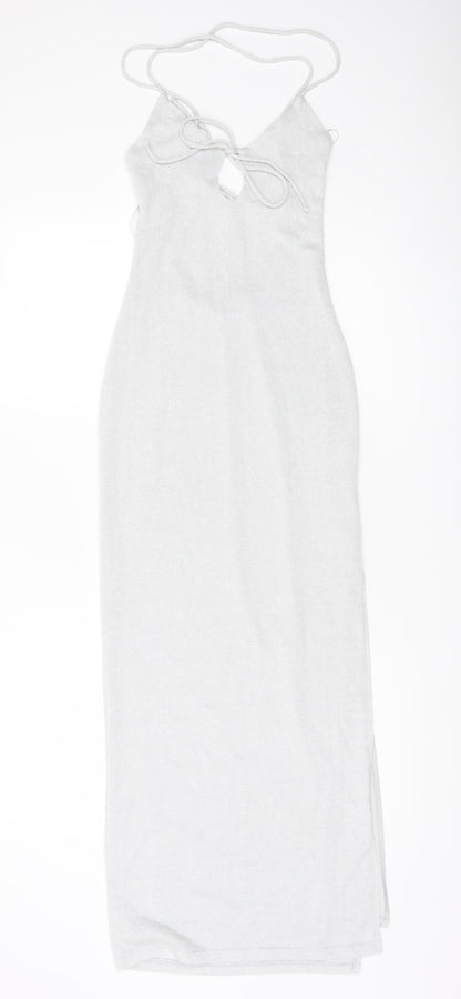 Bershka Women’s Silver XS Bodycon Midi Halter Lace Up Party Dress