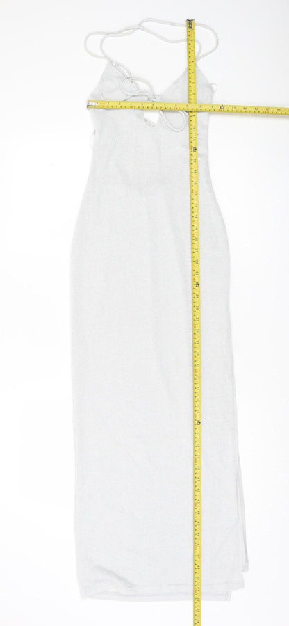 Bershka Women’s Silver XS Bodycon Midi Halter Lace Up Party Dress
