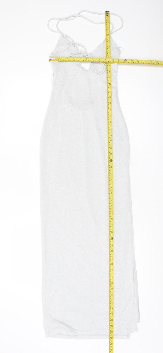 Bershka Women’s Silver XS Bodycon Midi Halter Lace Up Party Dress
