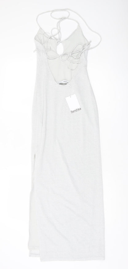 Bershka Women’s Silver XS Bodycon Midi Halter Lace Up Party Dress