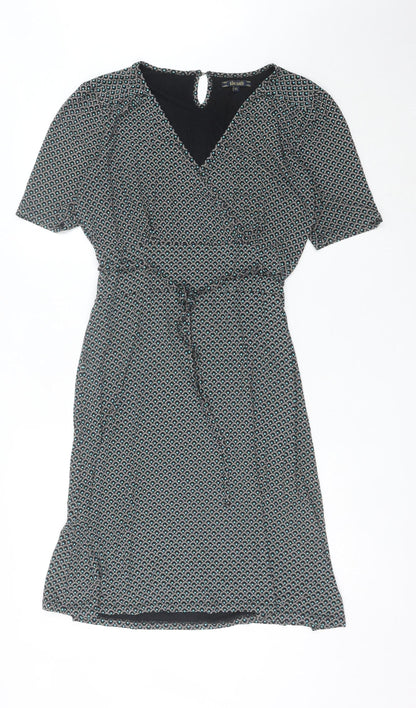 King Louie Womens Black XL Viscose Wrap Dress Geometric Knee Length
