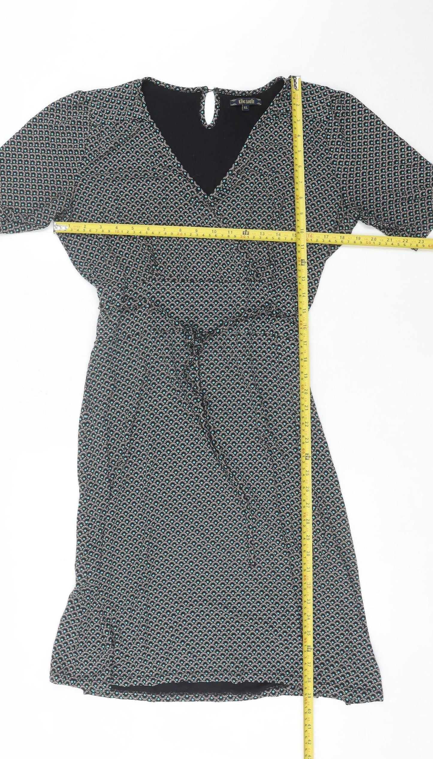 King Louie Womens Black XL Viscose Wrap Dress Geometric Knee Length