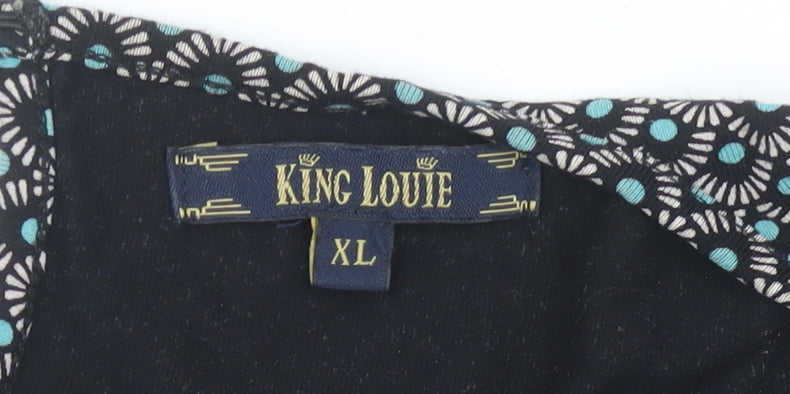 King Louie Womens Black XL Viscose Wrap Dress Geometric Knee Length