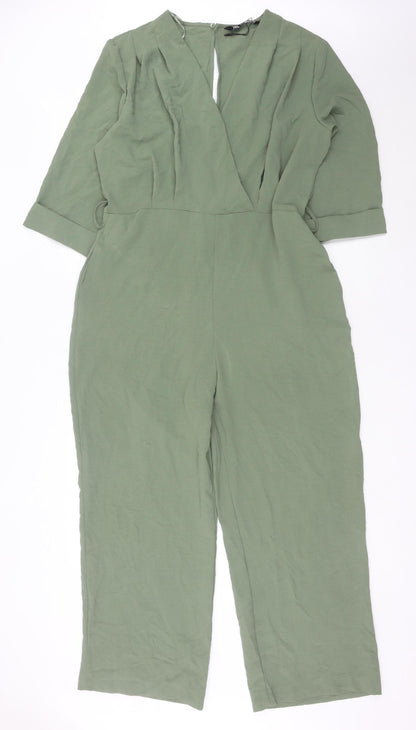 Zara Women Green L V-Neck Jumpsuit 3/4 Sleeve Straight Leg