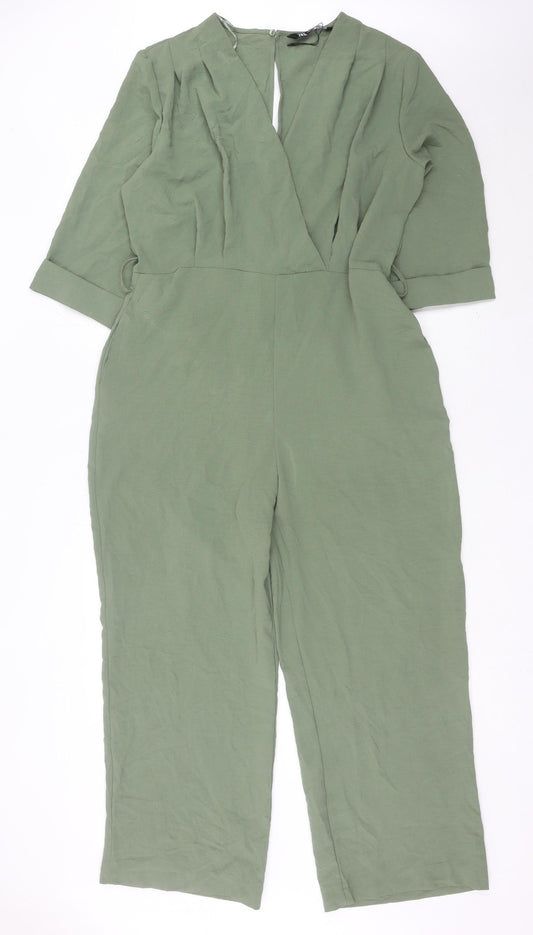 Zara Women Green L V-Neck Jumpsuit 3/4 Sleeve Straight Leg