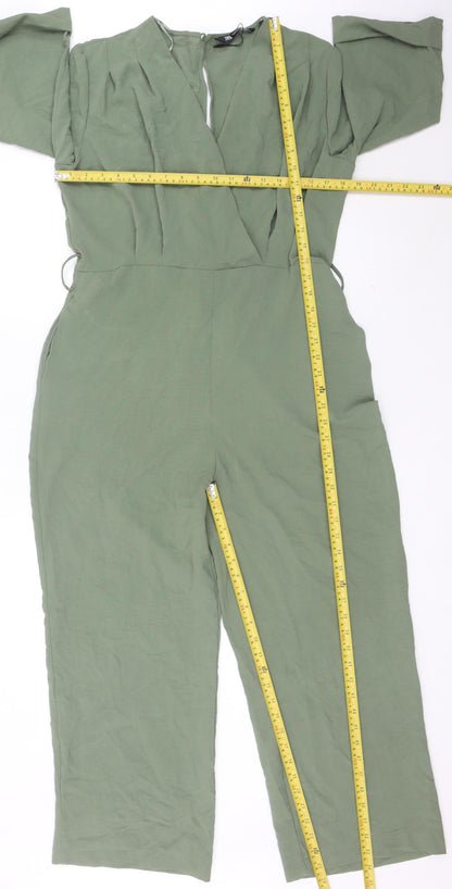 Zara Women Green L V-Neck Jumpsuit 3/4 Sleeve Straight Leg