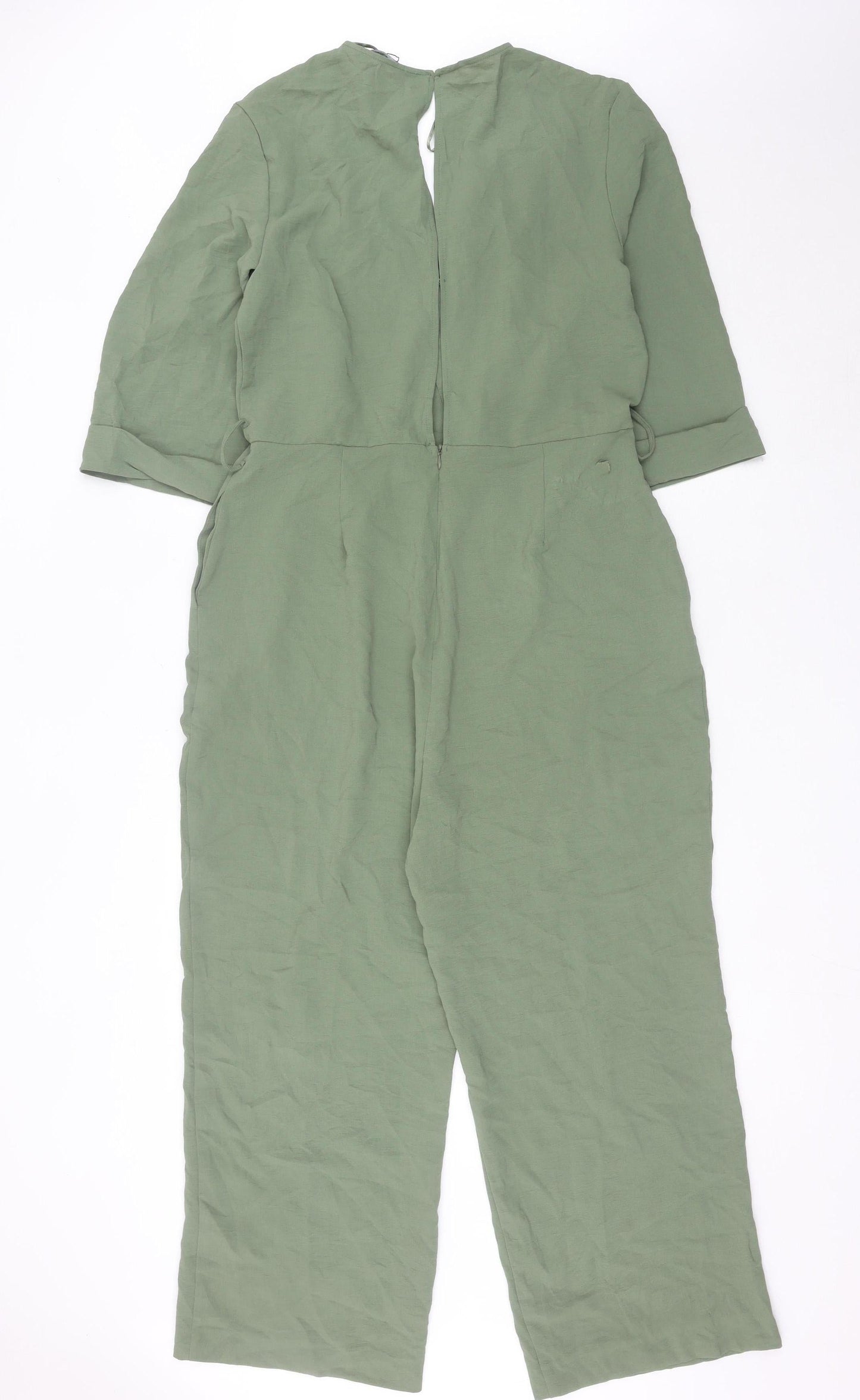 Zara Women Green L V-Neck Jumpsuit 3/4 Sleeve Straight Leg