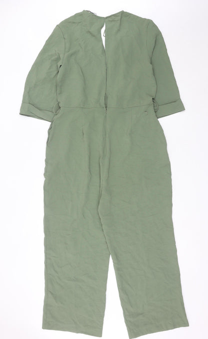 Zara Women Green L V-Neck Jumpsuit 3/4 Sleeve Straight Leg