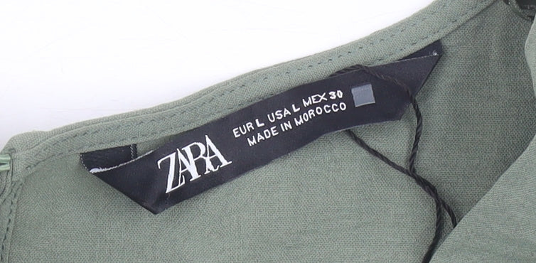 Zara Women Green L V-Neck Jumpsuit 3/4 Sleeve Straight Leg