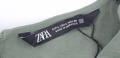 Zara Women Green L V-Neck Jumpsuit 3/4 Sleeve Straight Leg