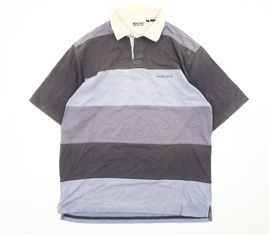 Maine New England Men’s Grey Blue Striped Polo Shirt Size L Cotton