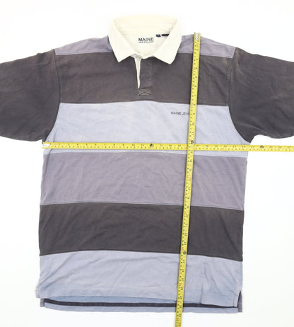 Maine New England Men’s Grey Blue Striped Polo Shirt Size L Cotton