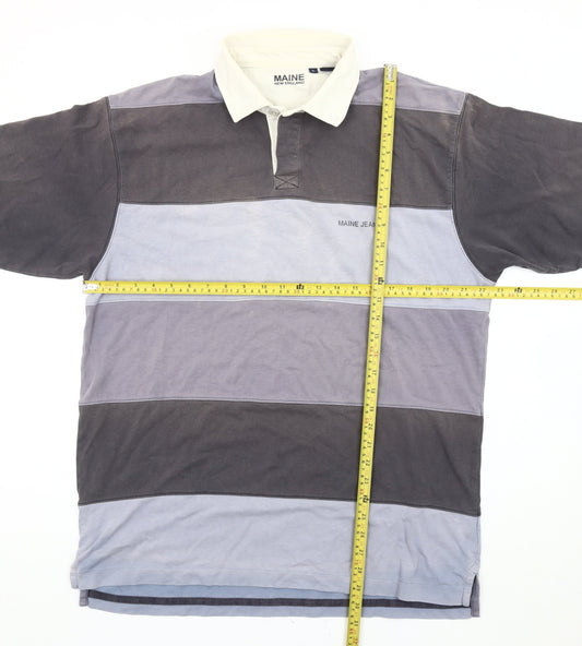 Maine New England Men’s Grey Blue Striped Polo Shirt Size L Cotton