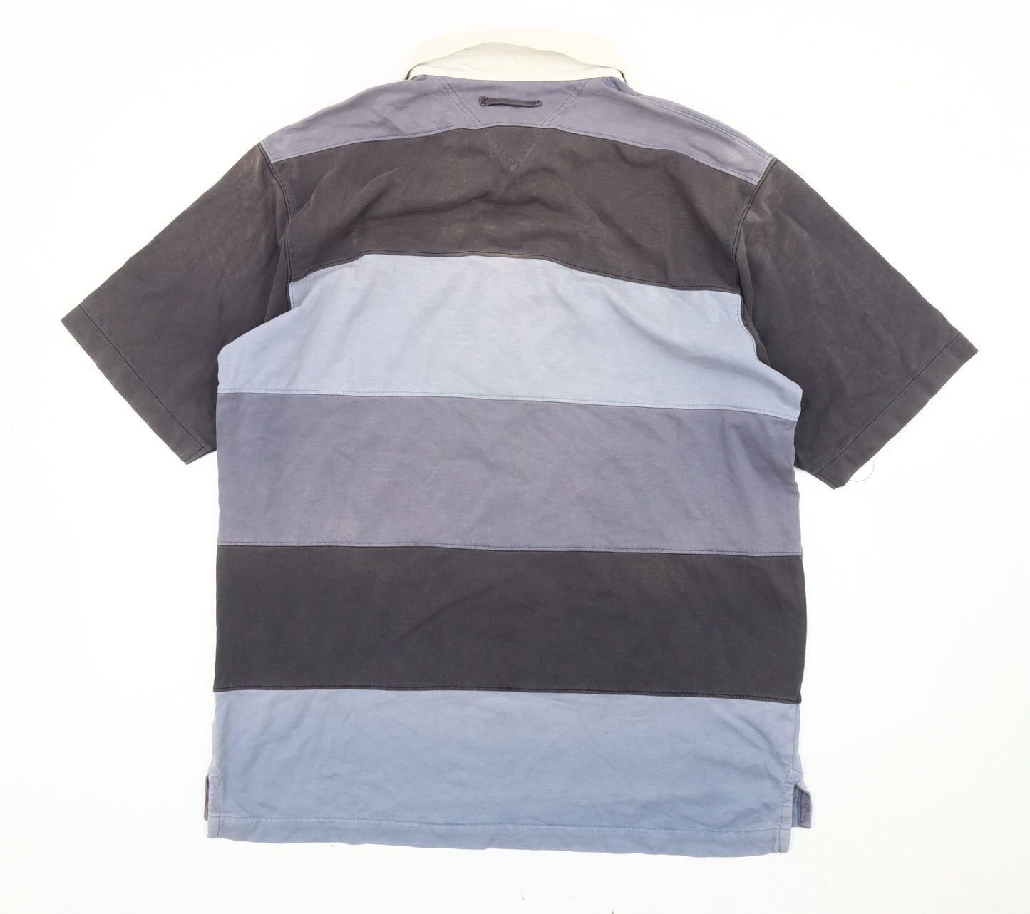 Maine New England Men’s Grey Blue Striped Polo Shirt Size L Cotton