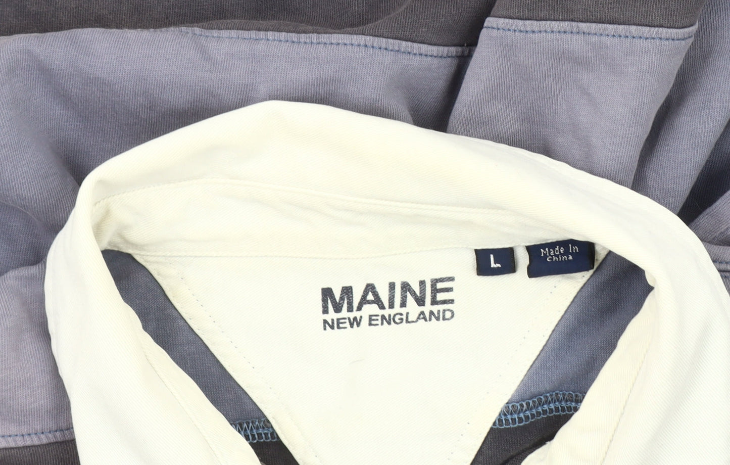 Maine New England Men’s Grey Blue Striped Polo Shirt Size L Cotton