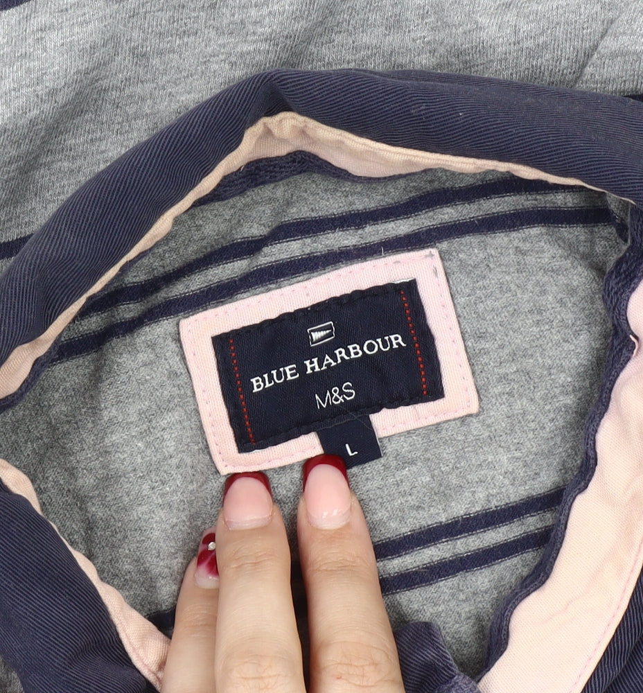Marks and Spencer Blue Harbour Mens Grey Stripe Long Sleeve Polo L