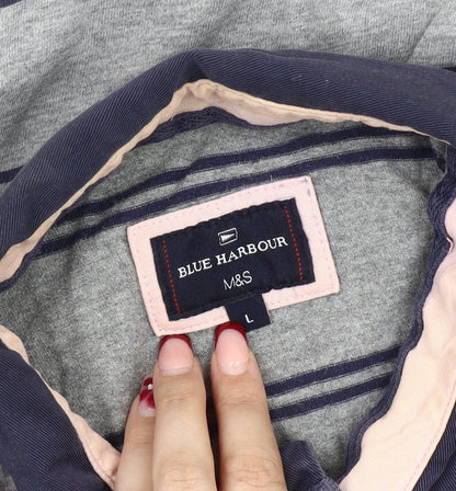 Marks and Spencer Blue Harbour Mens Grey Stripe Long Sleeve Polo L