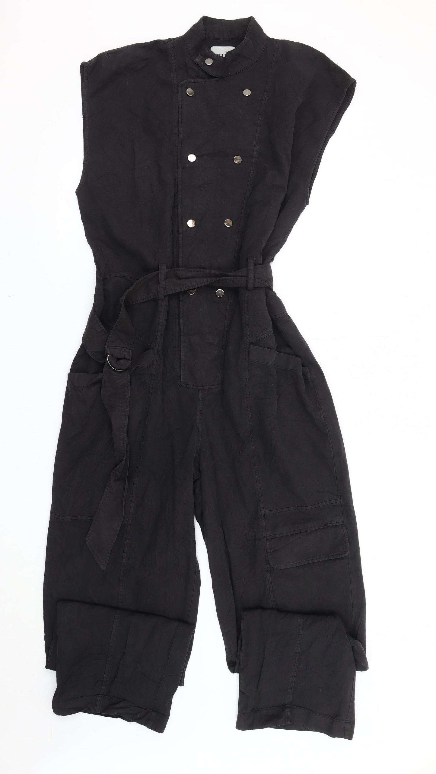 Zara Women’s Black Linen Sleeveless Jumpsuit Size 10 Belted Buttoned