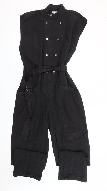 Zara Women’s Black Linen Sleeveless Jumpsuit Size 10 Belted Buttoned