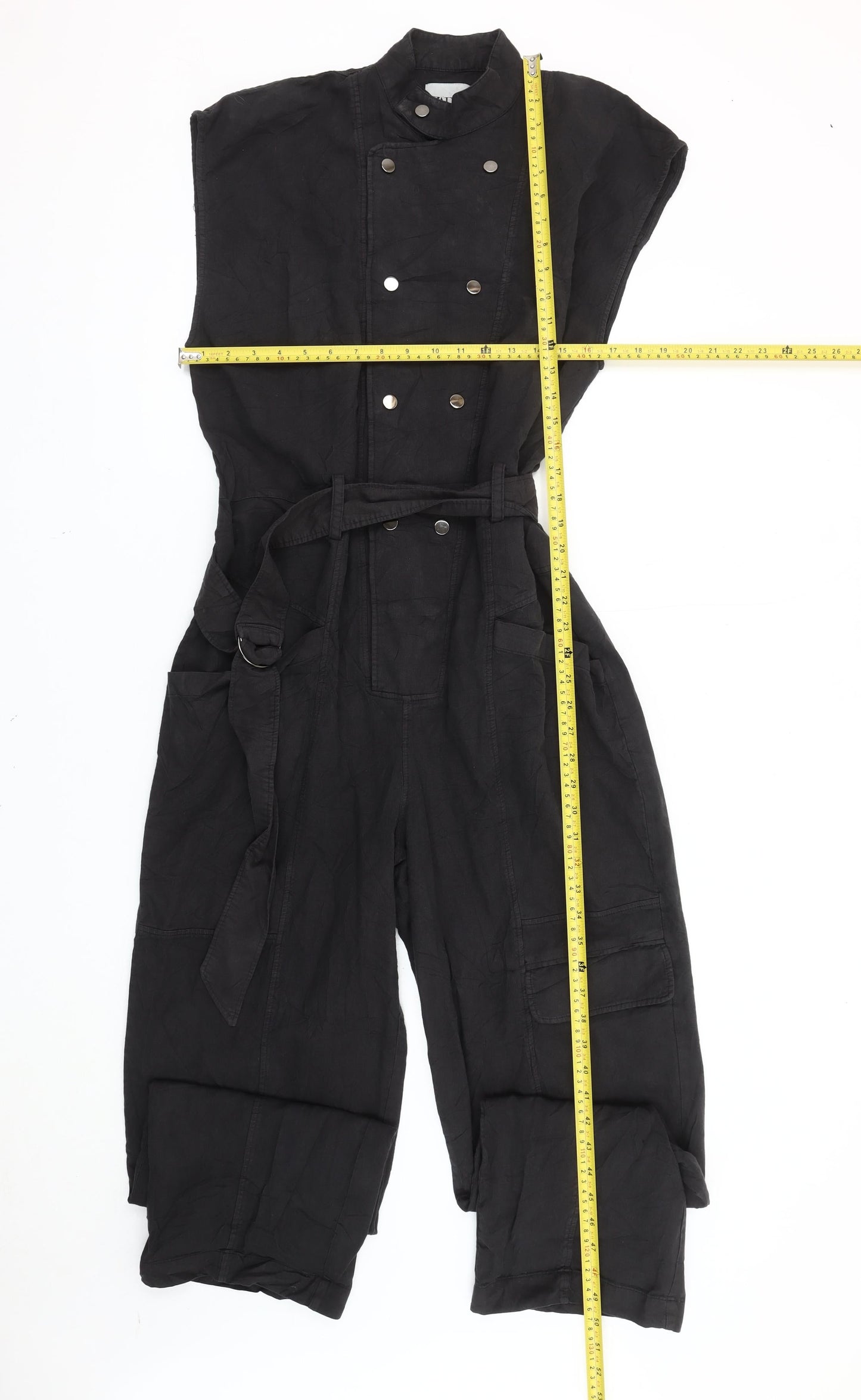 Zara Women’s Black Linen Sleeveless Jumpsuit Size 10 Belted Buttoned