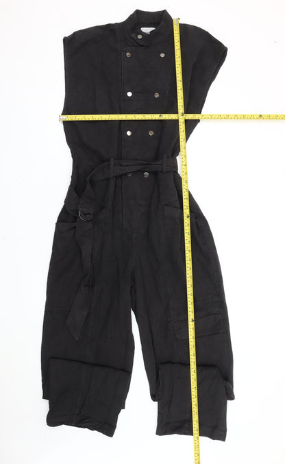 Zara Women’s Black Linen Sleeveless Jumpsuit Size 10 Belted Buttoned