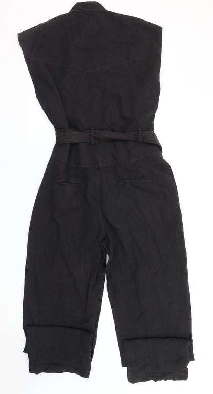 Zara Women’s Black Linen Sleeveless Jumpsuit Size 10 Belted Buttoned