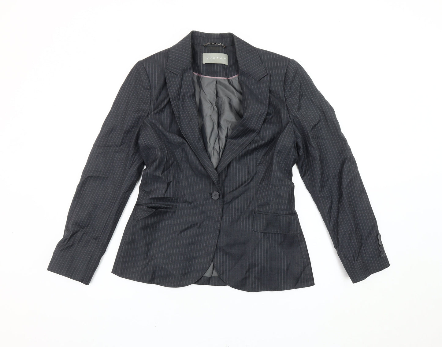 Jigsaw Womens Black Pinstripe Wool Single-Breasted Suit Jacket Size 10
