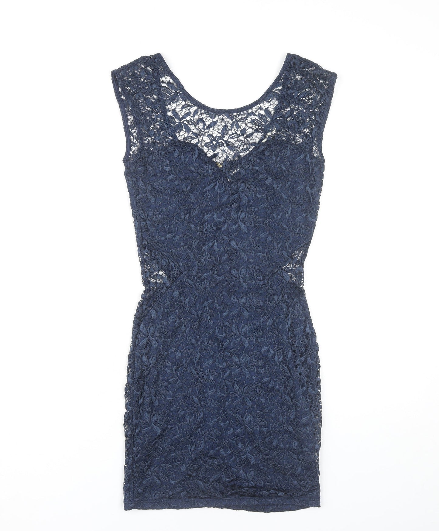 River Island Women’s Blue Lace Bodycon Dress Size 8 Short Scoop Neck