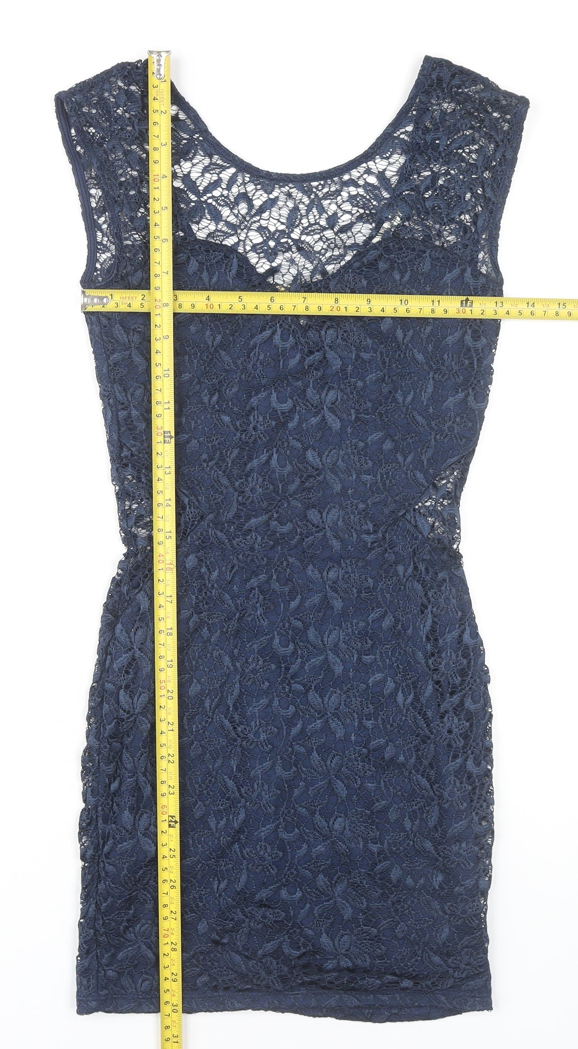 River Island Women’s Blue Lace Bodycon Dress Size 8 Short Scoop Neck