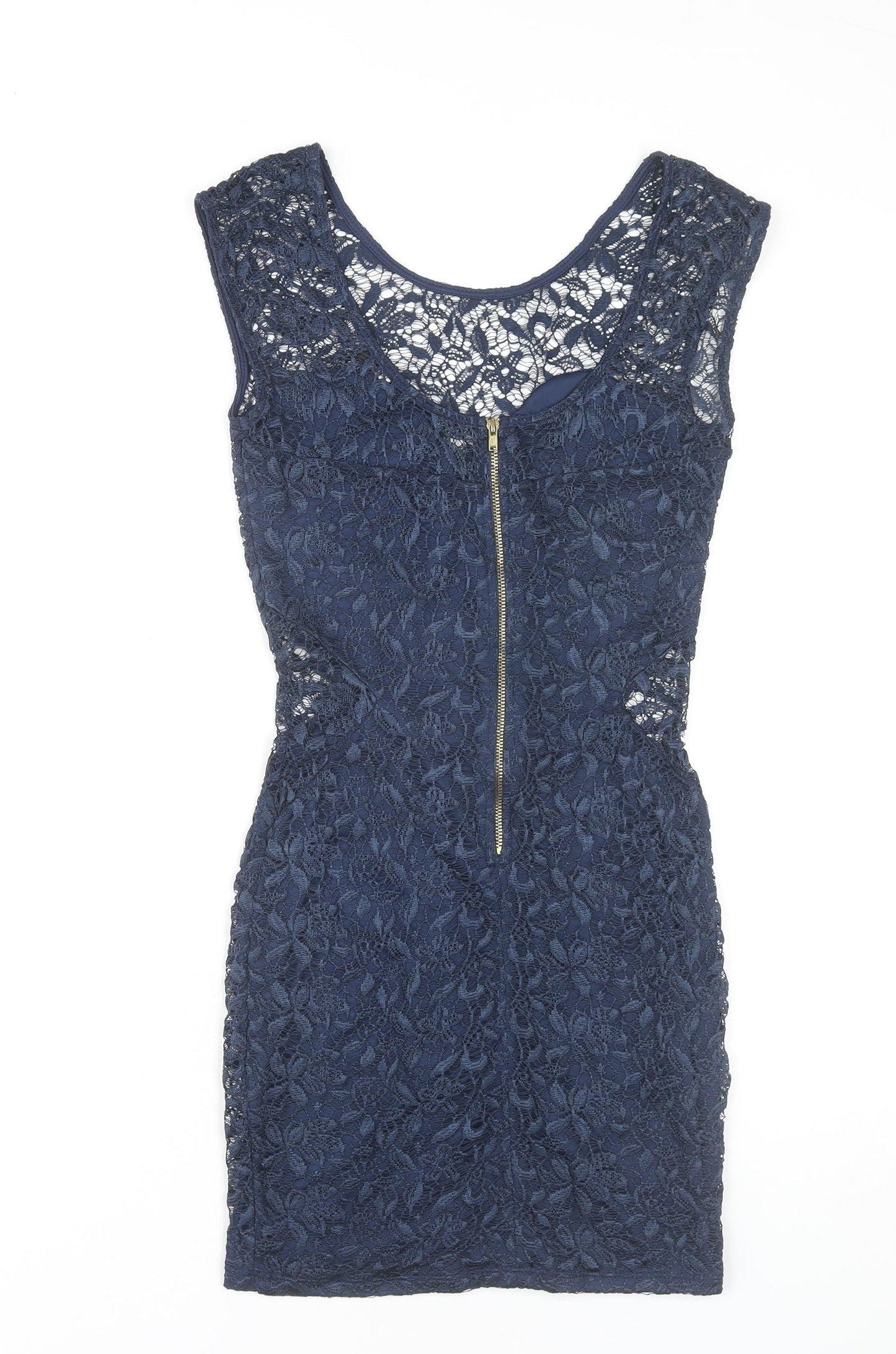 River Island Women’s Blue Lace Bodycon Dress Size 8 Short Scoop Neck