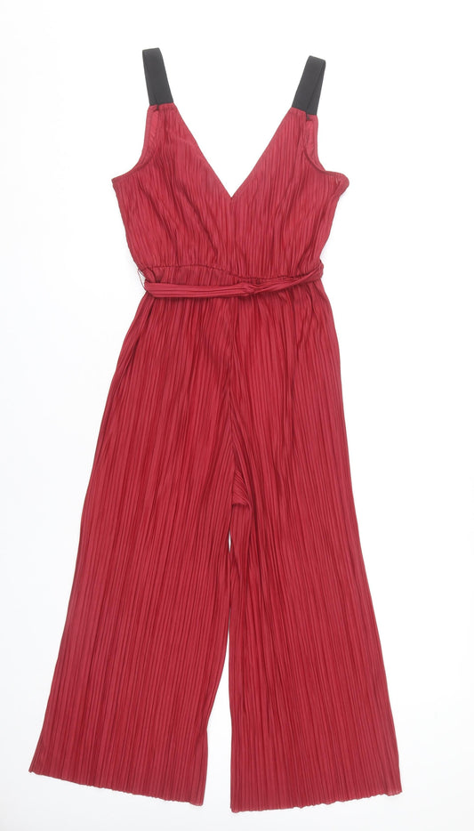 Topshop Women’s Red Pleated Wide-Leg Jumpsuit UK 8 Sleeveless V-Neck