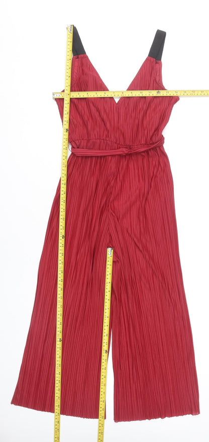 Topshop Women’s Red Pleated Wide-Leg Jumpsuit UK 8 Sleeveless V-Neck