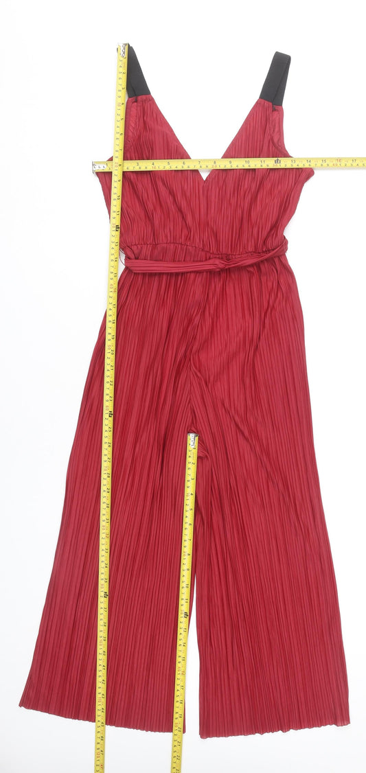 Topshop Women’s Red Pleated Wide-Leg Jumpsuit UK 8 Sleeveless V-Neck